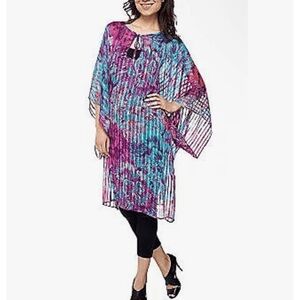 K-DASH by Kardashian Womens 2X Tie Caftan Pink Blue Stripe Kimono Sleeve